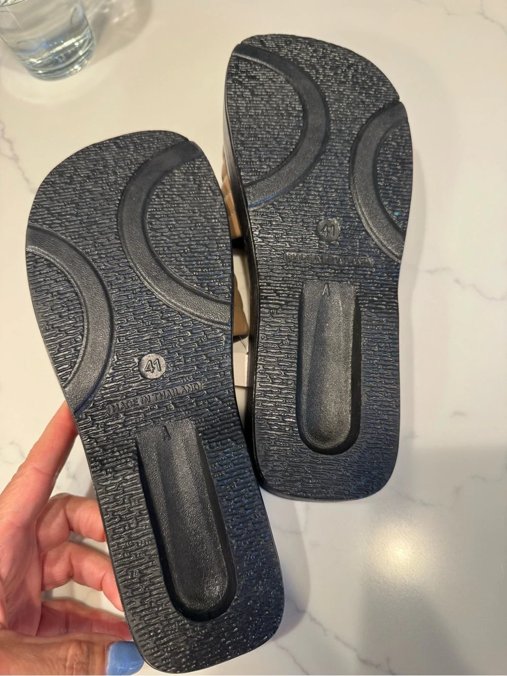 Aerothotic Tan Slide Sandals with Gold Emblem NWOT